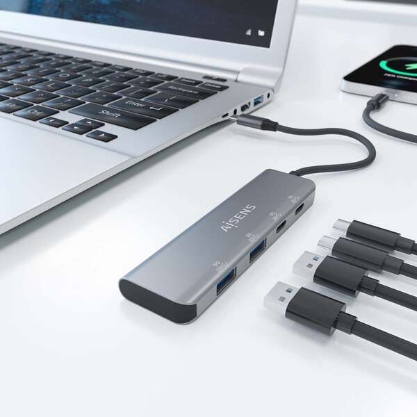 Aisens Hub USB 3.2 GEN1 5G USB-C - USB-C/M-2xUSB-C/H-2xUSB-A/H - 15cm - Color Gris