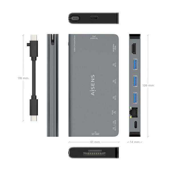 Aisens USB-C Dock 8 en 1 - USB-C vers 1xHDMI - 1xRJ45 - 3xUSB-A - 1xUSB-C Data+PD - 1xSD - 1xMicro SD - 10cm - Couleur Gris