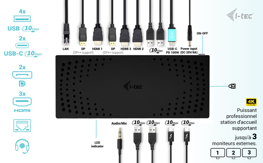 i-tec USB 3.0 / USB-C / Thunderbolt, 3x 4K Docking Station Gen 2 + Power Delivery 100W