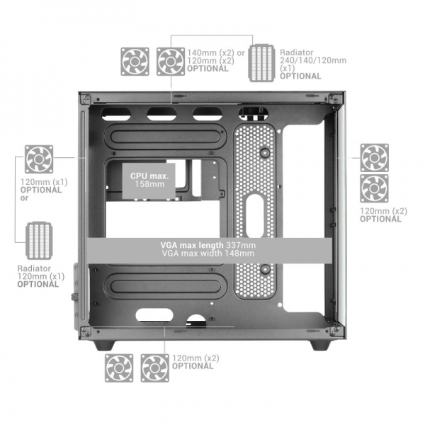 Mars Gaming MC-NOVAM Mini Tower - Double verre trempé - Jusqu'à 7 ventilateurs - Modulaire - USB-C et USB 3.0