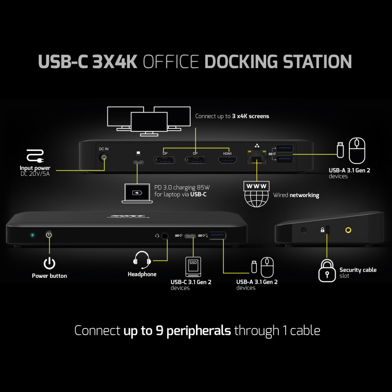   Station d'accueil bureau 3 X 4K USB-C 9 périphériques 85W  901910