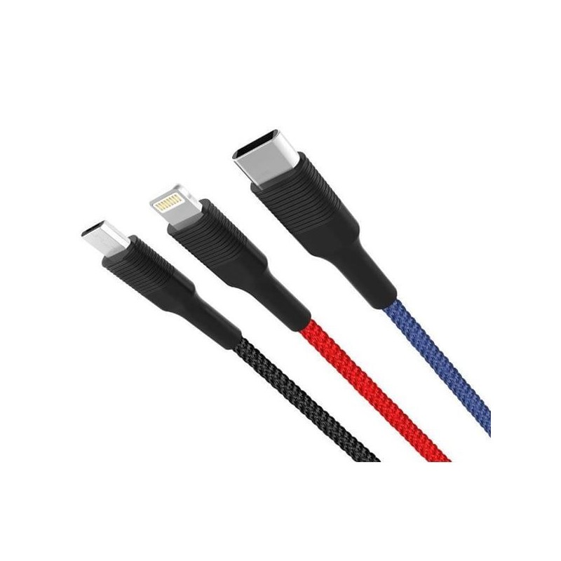 XO Tressé USB-A Mâle vers USB-C, MicroUSB et Lightning XONB54BK