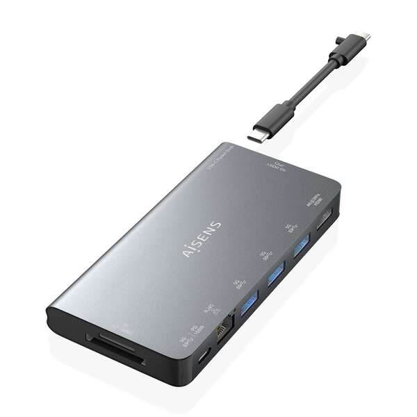 Aisens ASUC-8P015-GR USB-C Dock 8 en 1 - USB-C vers 1xHDMI - 1xRJ45 - 3xUSB-A - 1xUSB-C Data+PD - 1xSD - 1xMicro SD - 10cm - Couleur Gris