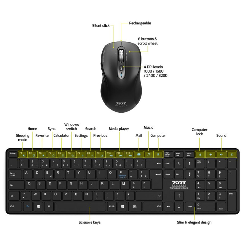 PORT Pack sans fil BLUETOOTH Rechargeable : clavier & Souris EXPERT 900907RFR