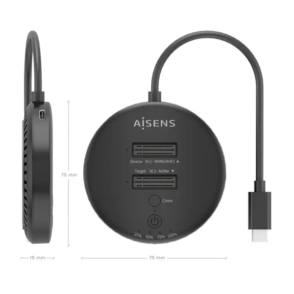 Aisens ASDS-2M2N05 Station d'accueil double baie M.2 NVME vers USB-C 3.2 Gen2x2 - Clone - Couleur noire