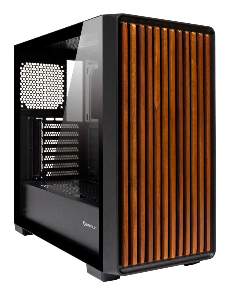 Unykach UK121804 Boîtier ATX, Micro ATX, ITX Revelat Madeira Black Côtés et façade en verre trempé avec lattes en bois naturel USB-A 3.0 USB-C Noir