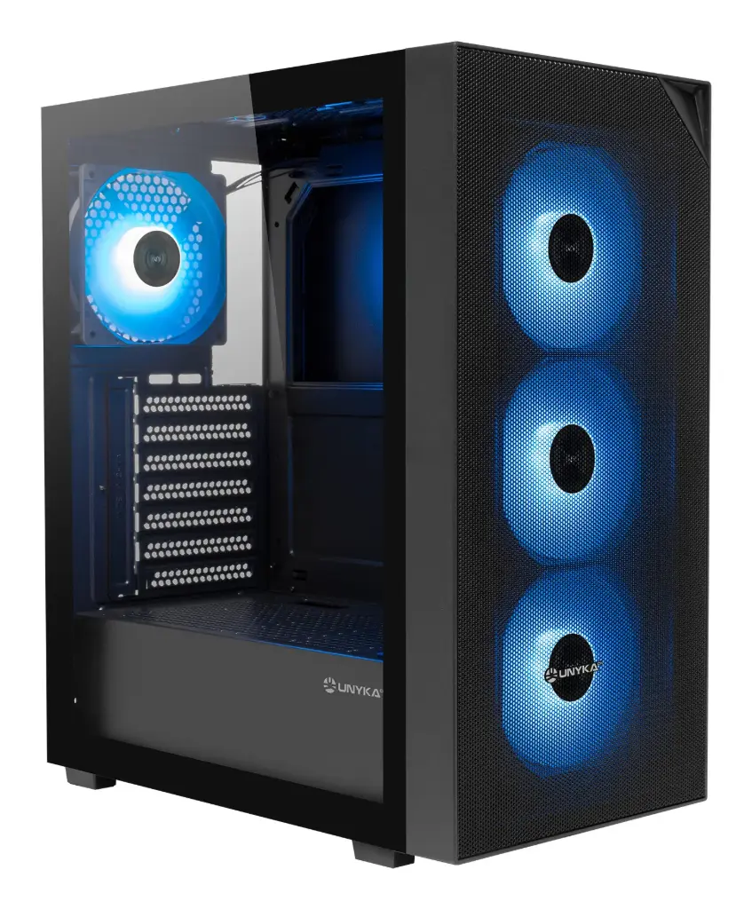 Unykach Revelat Mesh Compact Edition Boîtier ATX, Micro ATX, ITX - Côtés en verre trempé - 3,5", 2,5" - USB-A 2.0, USB-3.0 et audio - 4 ventilateurs ARGB - Refroidissement liquide - Noir UK121805