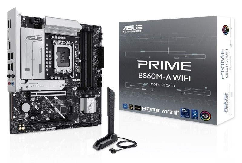 Asus Prime B860M-A WIFI LGA 1851 - WiFi, Bluetooth, 4 emplacements DDR5, 2 emplacements M.2, 4 emplacements SATA III, PCIe 4.0 et 5.0, USB 2.0 et 3.2, RJ-45, HDMI, DisplayPort - Format MicroATX