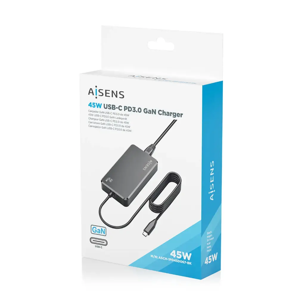 Aisens ASCH-1PD45D067-BK Chargeur pour ordinateur portable GaN USB-C/PD 45 W - Câble de 1,80 m - Noir