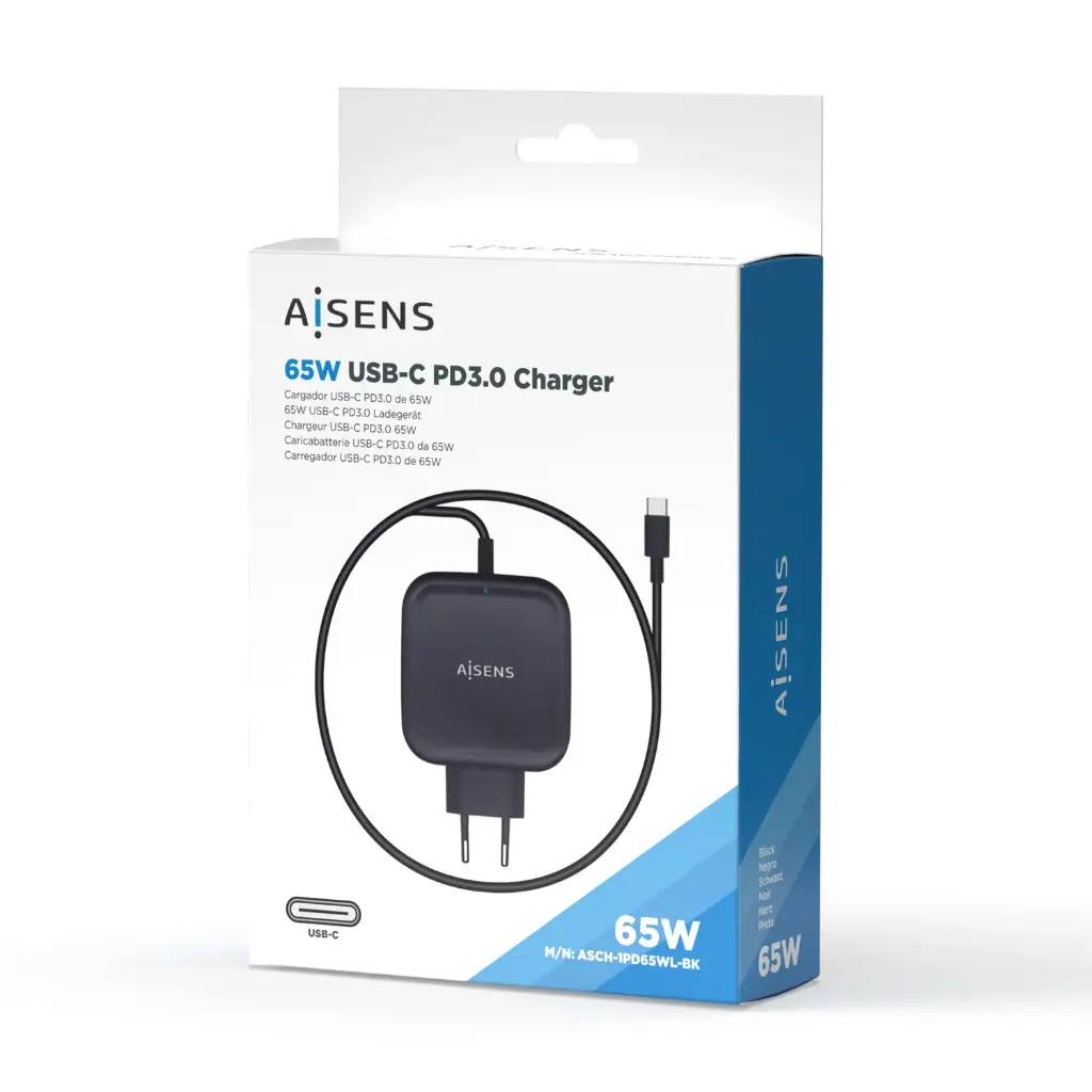 Aisens ASCH-1PD65WL-BK Chargeur  65 W PD3.0 QC3.0 1 câble USB-C de 1,2 m - Noir
