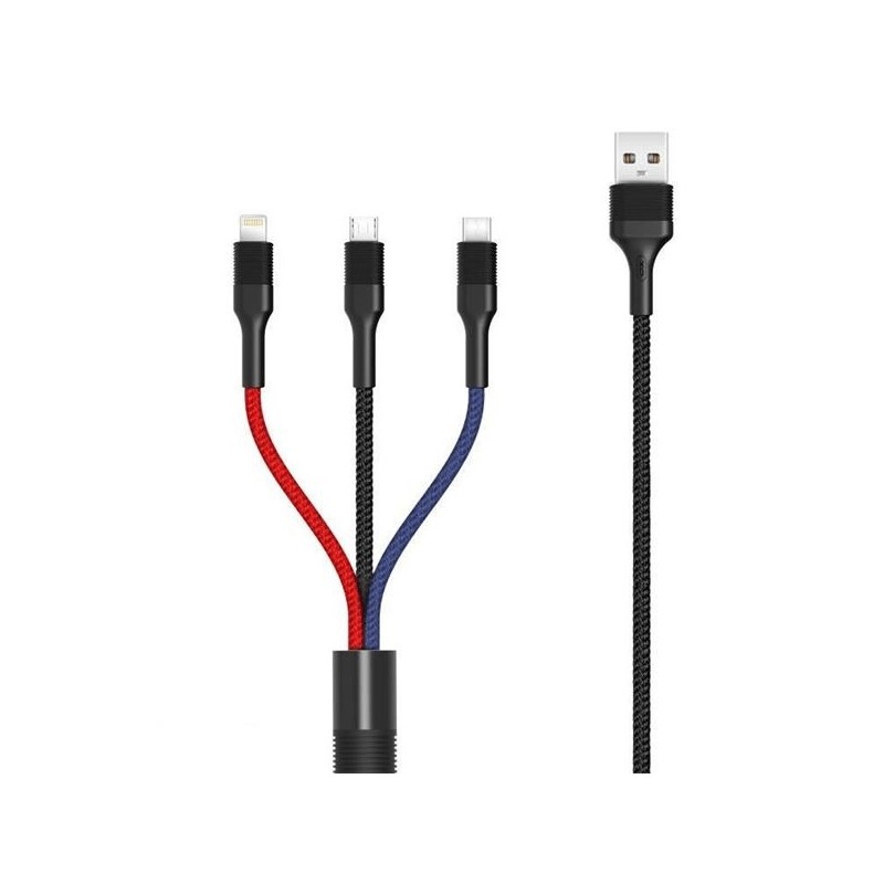 XO Tressé USB-A Mâle vers USB-C, MicroUSB et Lightning XONB54BK