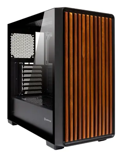 [BOI0040] Unykach UK121804 Boîtier ATX, Micro ATX, ITX Revelat Madeira Black Côtés et façade en verre trempé avec lattes en bois naturel USB-A 3.0 USB-C Noir