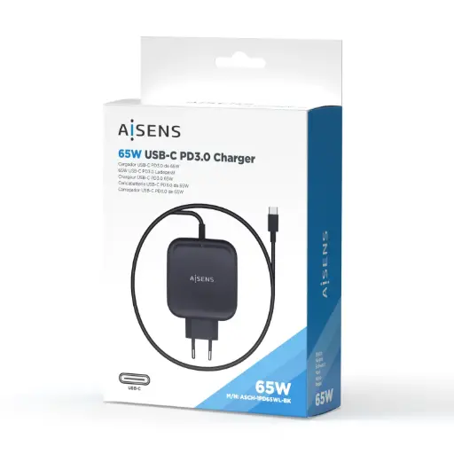 [CHA0040] Aisens ASCH-1PD65WL-BK Chargeur  65 W PD3.0 QC3.0 1 câble USB-C de 1,2 m - Noir